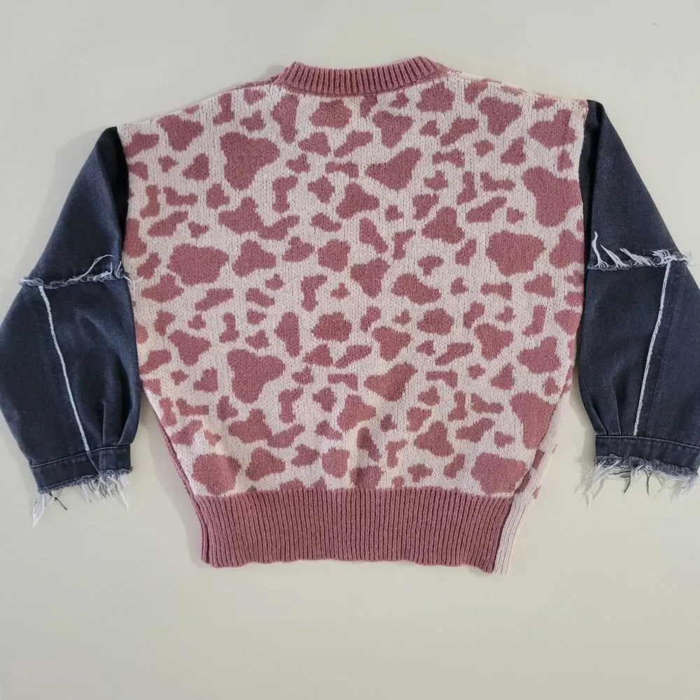BiBi Denim Sleeve Leopard Sweater Rose Creme Black - Picture 15 of 16